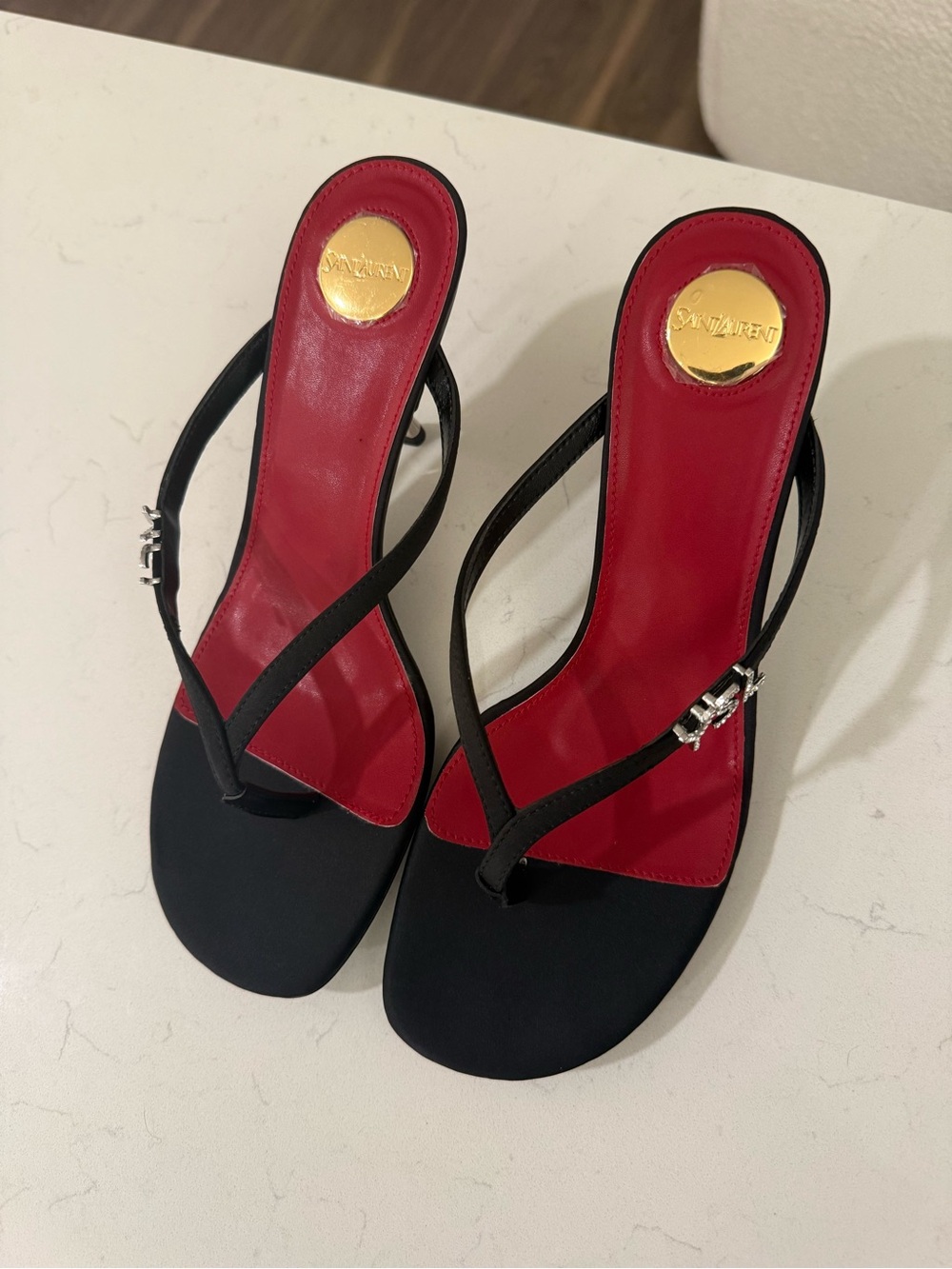 Saint Laurent Black Heeled Slingback Sandals with Red Footbed - Picture 3 of 8